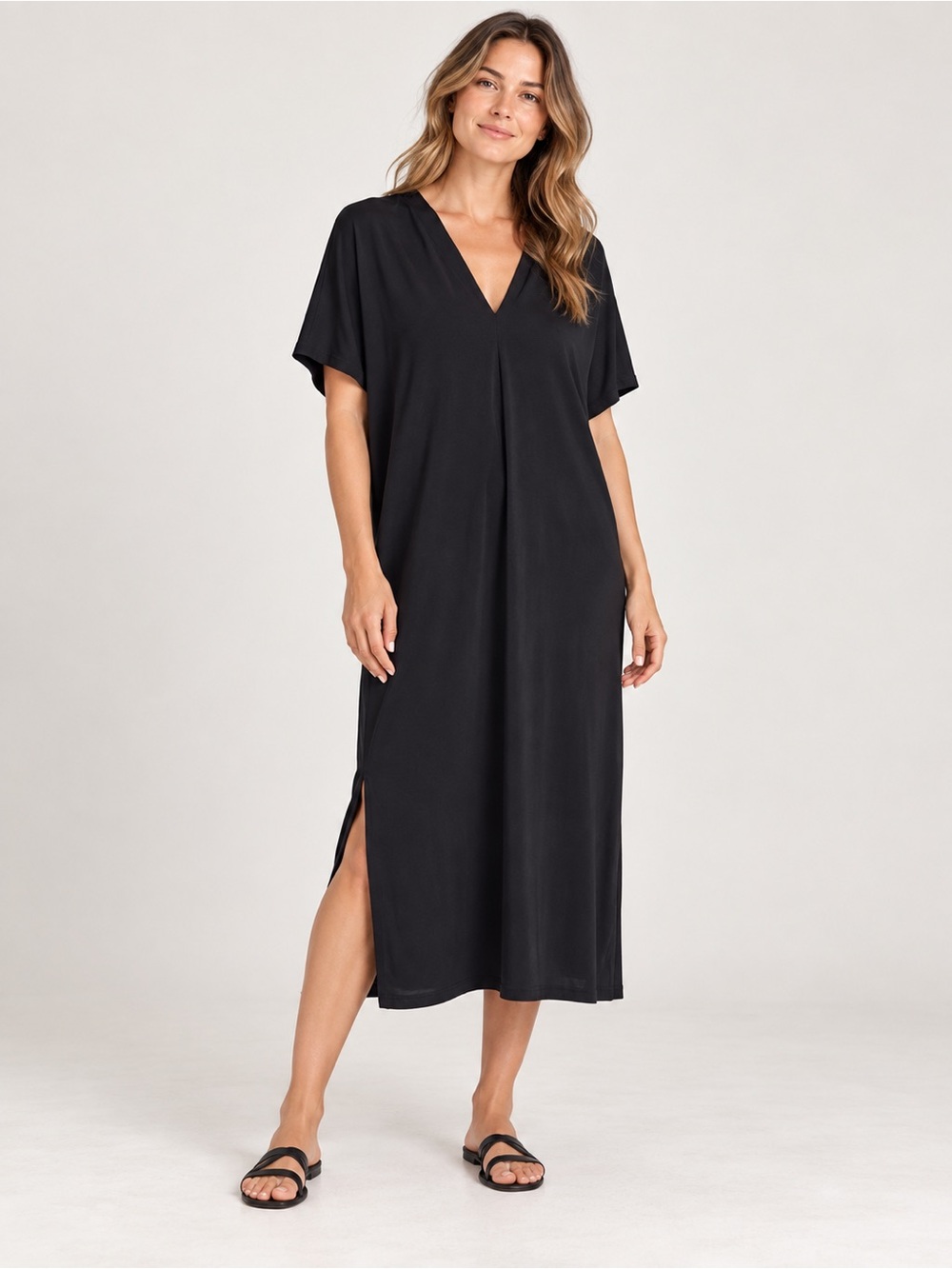 H&M Black V-Neck Short Sleeve Midi Dress with Side Slit Women’s Small